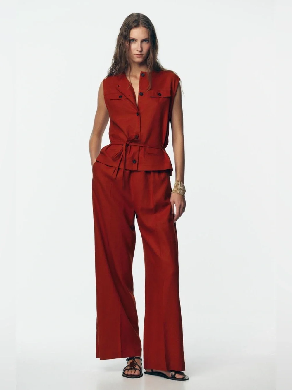 Zara Rust Red linen Sleeveless Wide-Leg Jumpsuit playsuit with Tie Waist